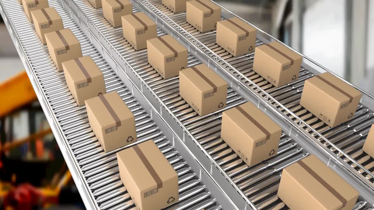 창고의 컨베이어 벨트에 있는 카드보드 상자의 애니메이션