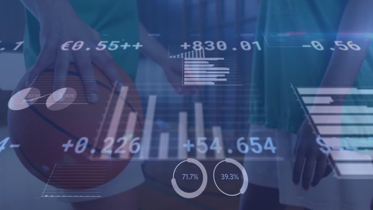 Two female players placing hands on ball in gym, sports training HUD appearing and updating charts