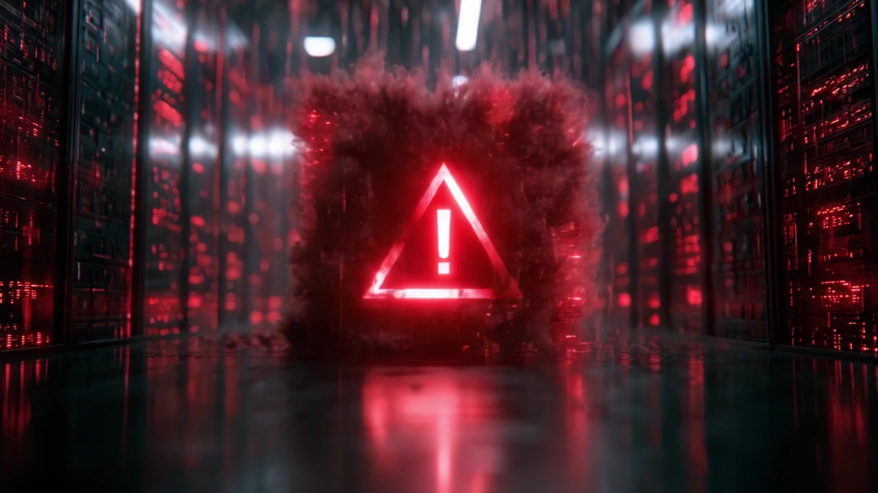 A striking visual representation of a red hazard symbol in a digital environment, emphasizing urgency and alertness against a backdrop of glowing technology and data servers.