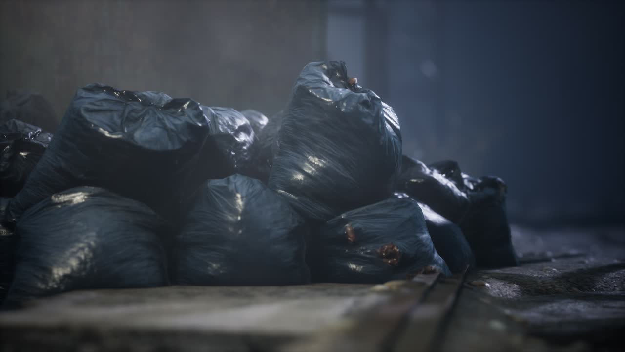 밤에 시내 거리에서 쓰레기 봉투