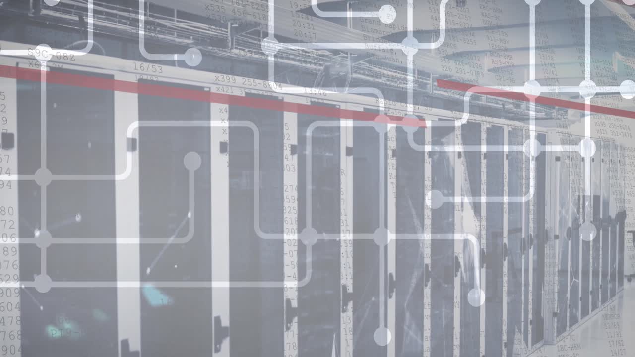 animación de la red de conexiones y las redes plexus contra la sala de servidores de computadoras