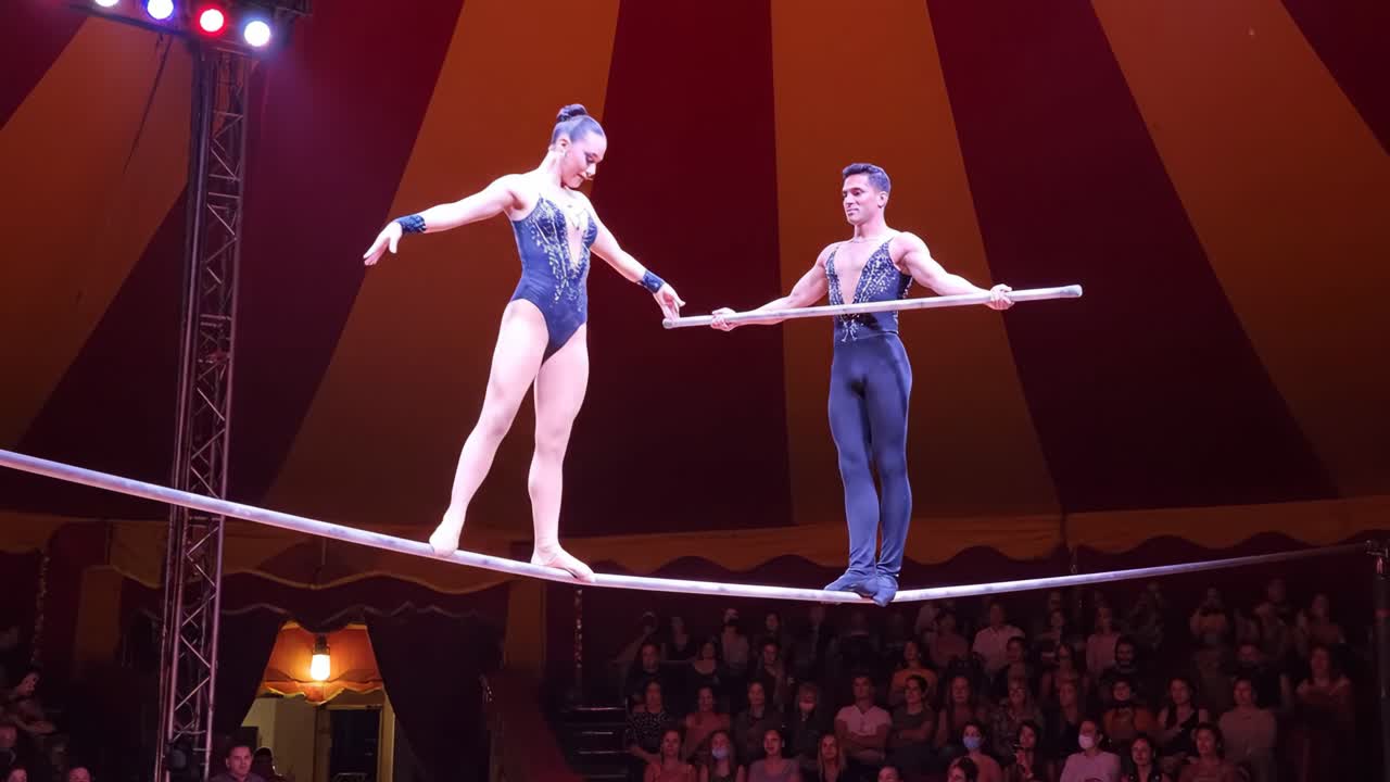 Acrobats performing a tightrope act in a circus