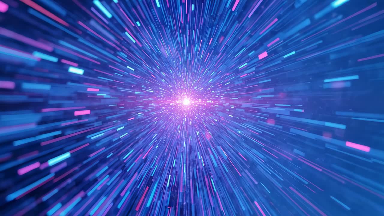 Starting with violet-white point sending teal and magenta streaks in digital tunnel, forming vortex
