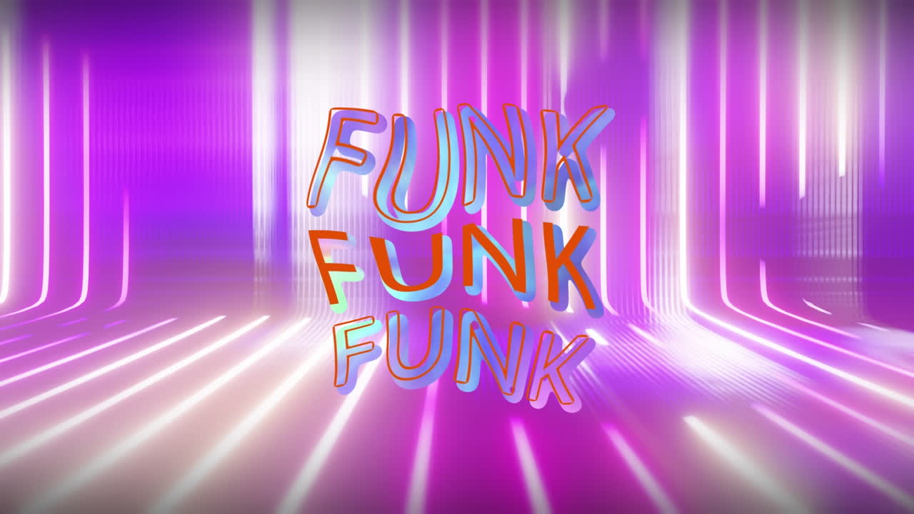 Animation of funk texts and light trails over black background