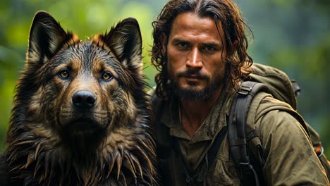 man stands confidently beside a large wolf during jungle expedition