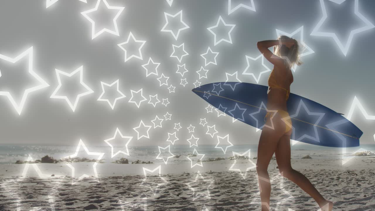 Animazione di stelle al neon su una donna caucasica che cammina sulla spiaggia con una tavola da surf