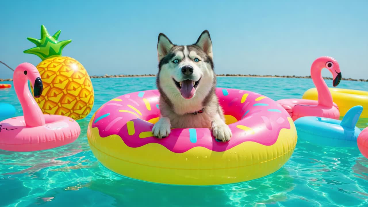 A Cheerful Husky Enjoys a Fun Day in the Pool on a Colorful Donut Float Surrounded by Bright Flamingos and a Pineapple, Perfect for a Summer Vibe