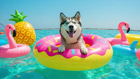 a cheerful husky enjoys a fun day in the pool on a colorful donut float surrounded by bright flamingos and a pineapple, perfect for a summer vibe