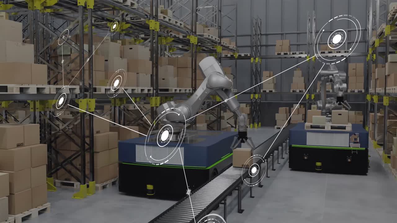 Animation of network of conncetions with icons over robotic arms with boxes in warehouse