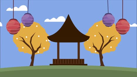 happy chuseok celebration animation with lamps and pagoda