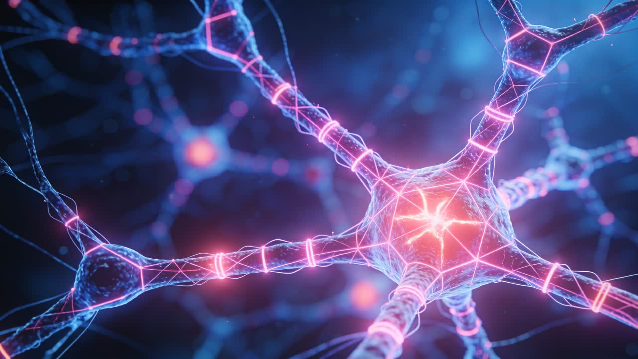 Starting on branches, pulses moving toward central neuron, soma glowing and axon wave in neural net