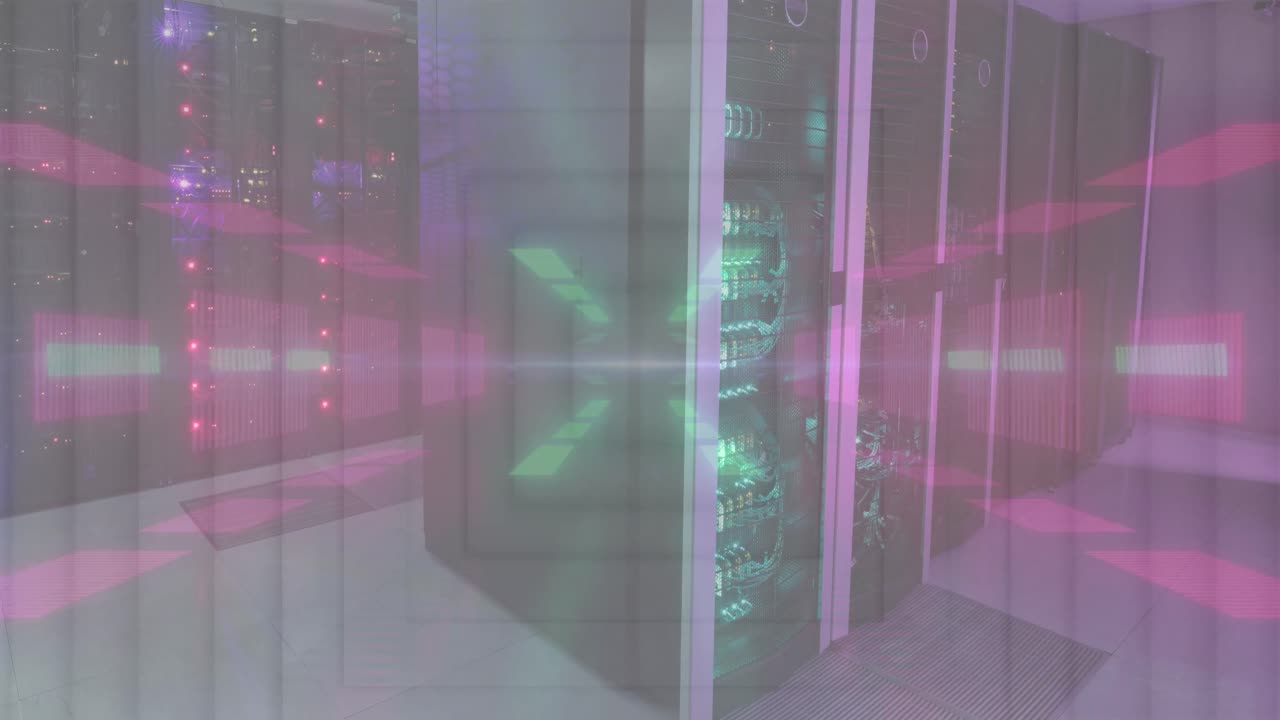 컴퓨터 서버 방 위에 초록색과 분홍색 네온 불빛이  ⁇ 박이는 애니메이션