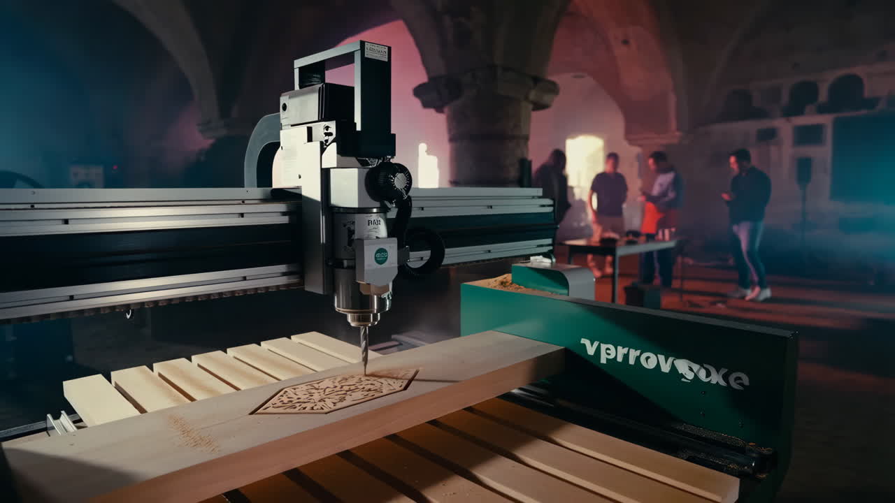 CNC Machine Carving Wood in an Atmospheric Industrial Setting