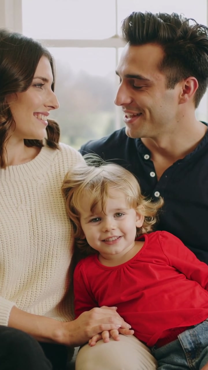 Vertical video: Recording family sharing glances on couch backlit by window, mom cream sweater