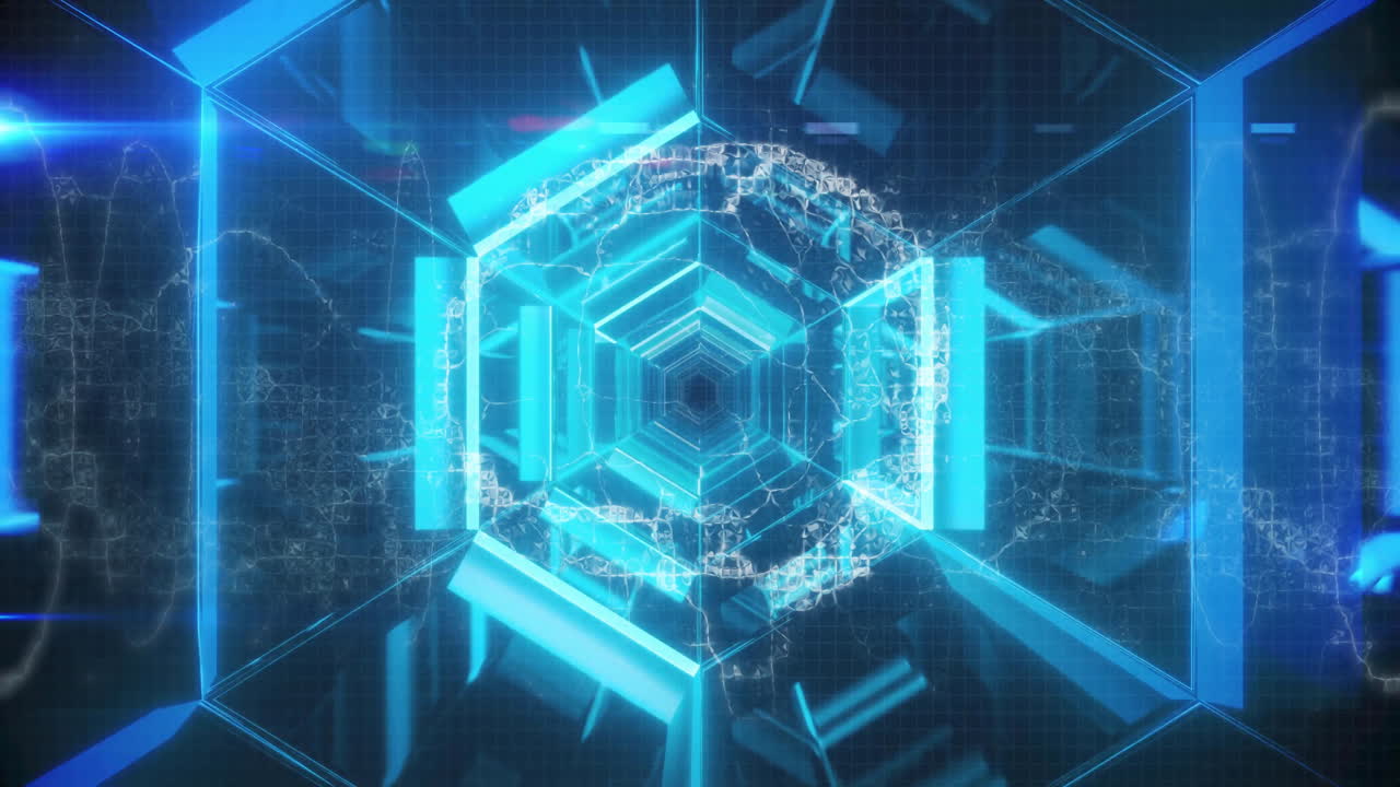 Neon-blue hexagonal tunnel streaming into vanishing depth, drawing glowing beams and glitch shards