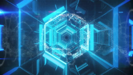 neon-blue hexagonal tunnel streaming into vanishing depth, drawing glowing beams and glitch shards
