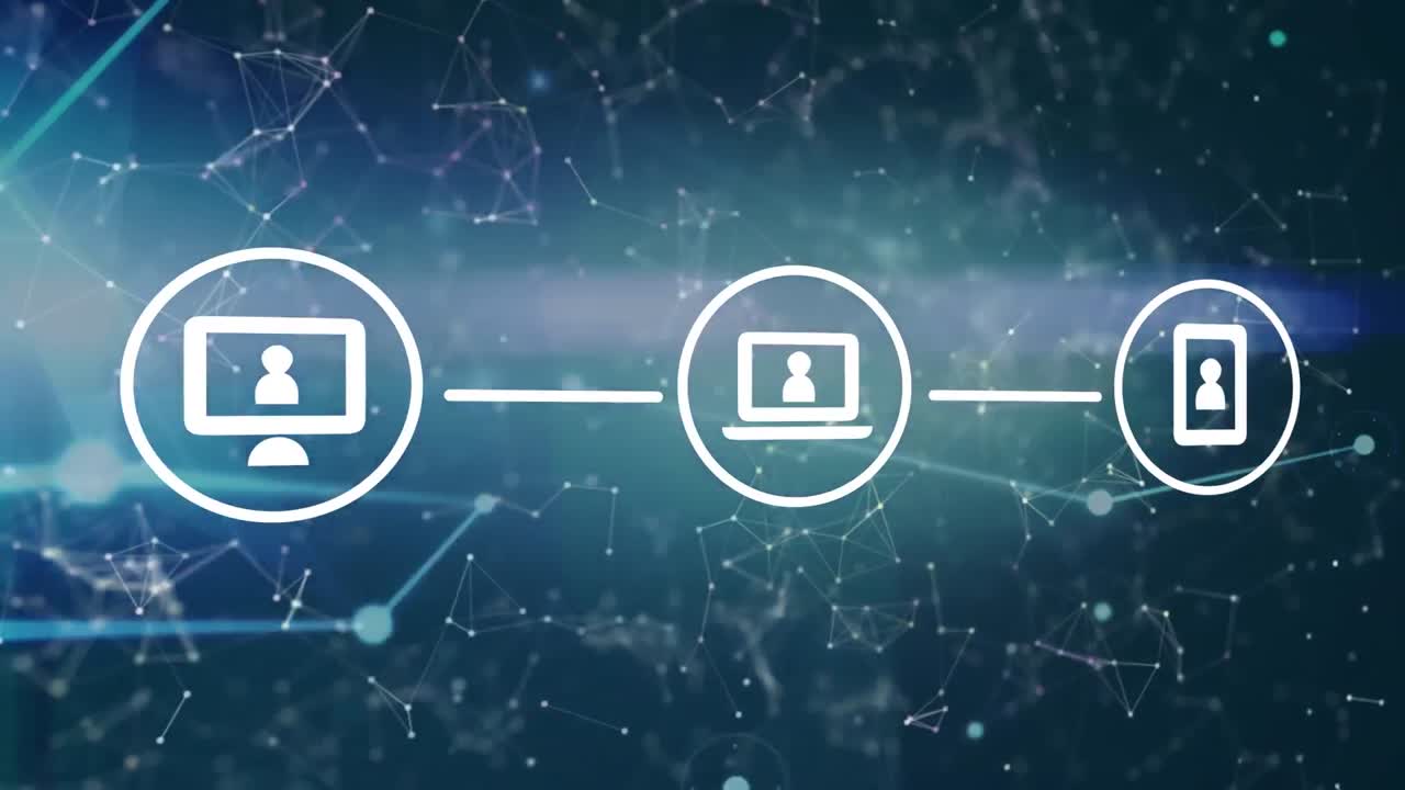 Animation of tech icons and network of connections over sky