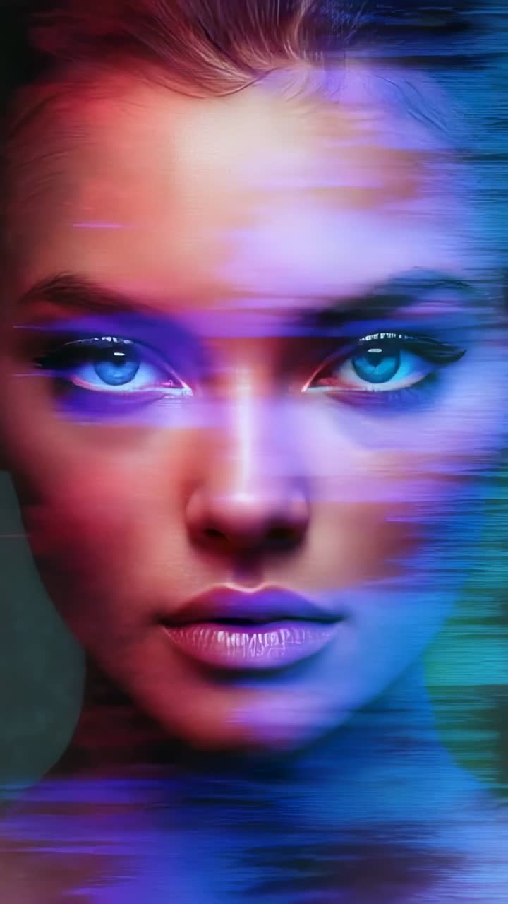 Vertical video: Sweeping glitch bands across woman's face in studio, flickering red purple blue