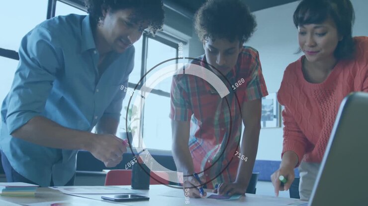 Animation of round scanner against diverse colleagues discussing over documents at office