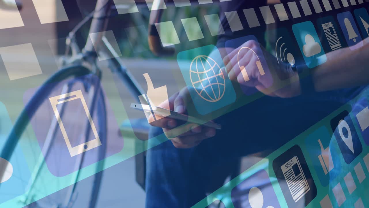 스마트폰을 사용하는 백인 남성에 대한 미디어 아이콘의 애니메이션