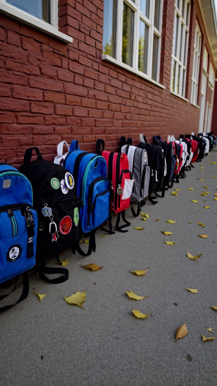 Low-angle video shot of colorful backpacks lined up outside a brick school building