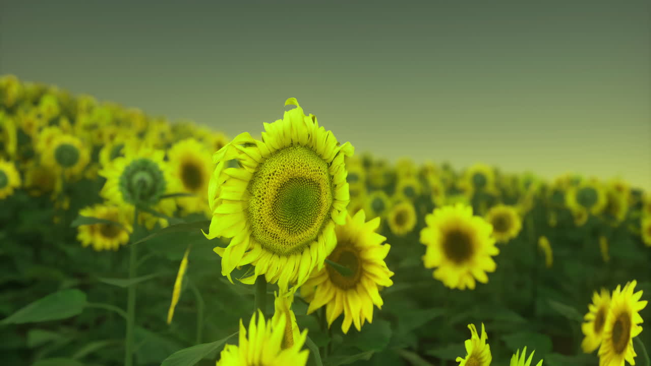 Golden sunflowers bloom under an evening sky in a vast field