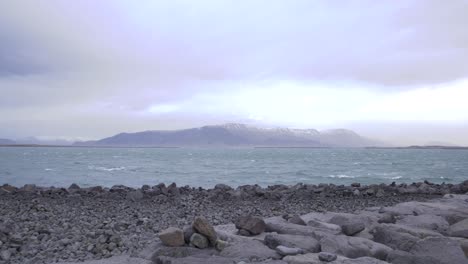 stone sea beach in reykjavik, iceland, with a mountain on the horizon