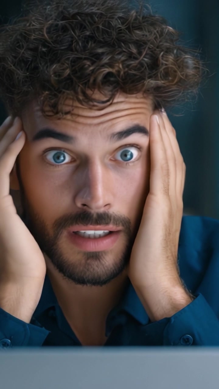 Astonished man in a blue shirt reacts with concern and surprise, gripping his head in disbelief, captured in vivid detail with expressive facial features.