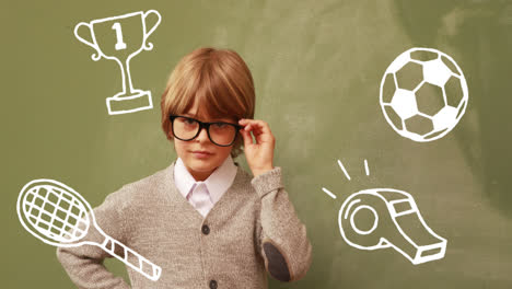 animation of contour school items appearing over caucasian boy in glasses