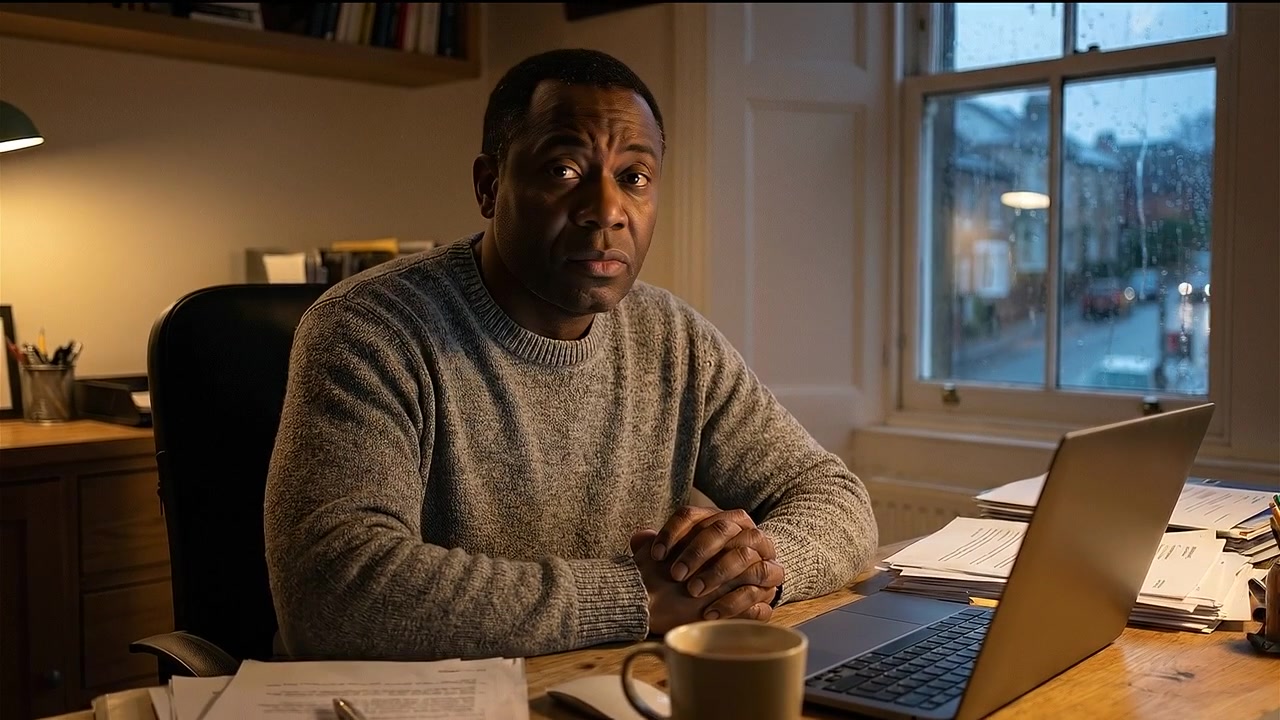 Stressed Man Working Late at Night on Laptop