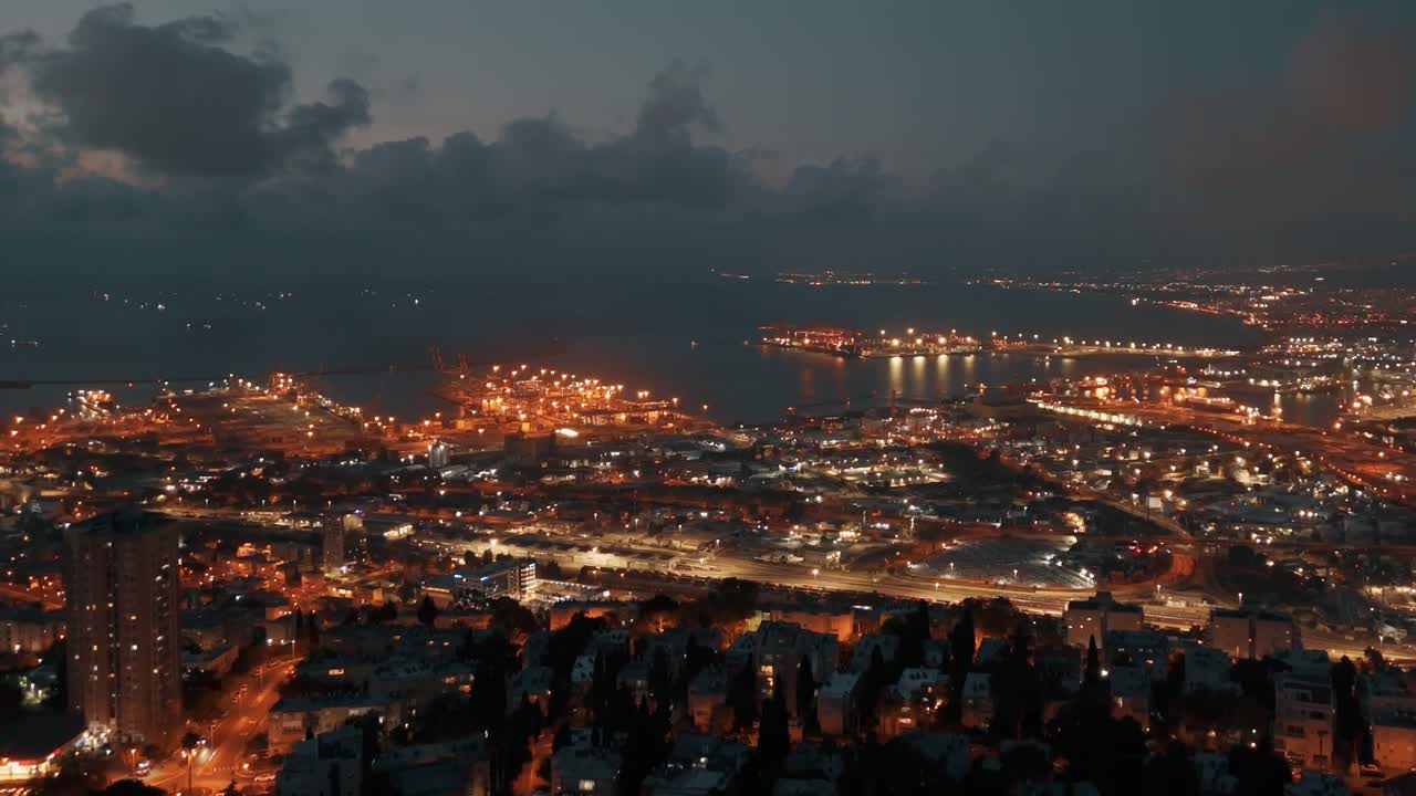 Cinematic Night Drone Shot Over Haifa Port and Carmel Mountains