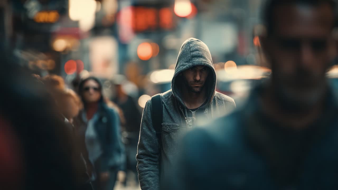 A solitary figure in a bustling urban environment, surrounded by blurred motion of pedestrians, conveying the feeling of isolation in the midst of a busy city scene
