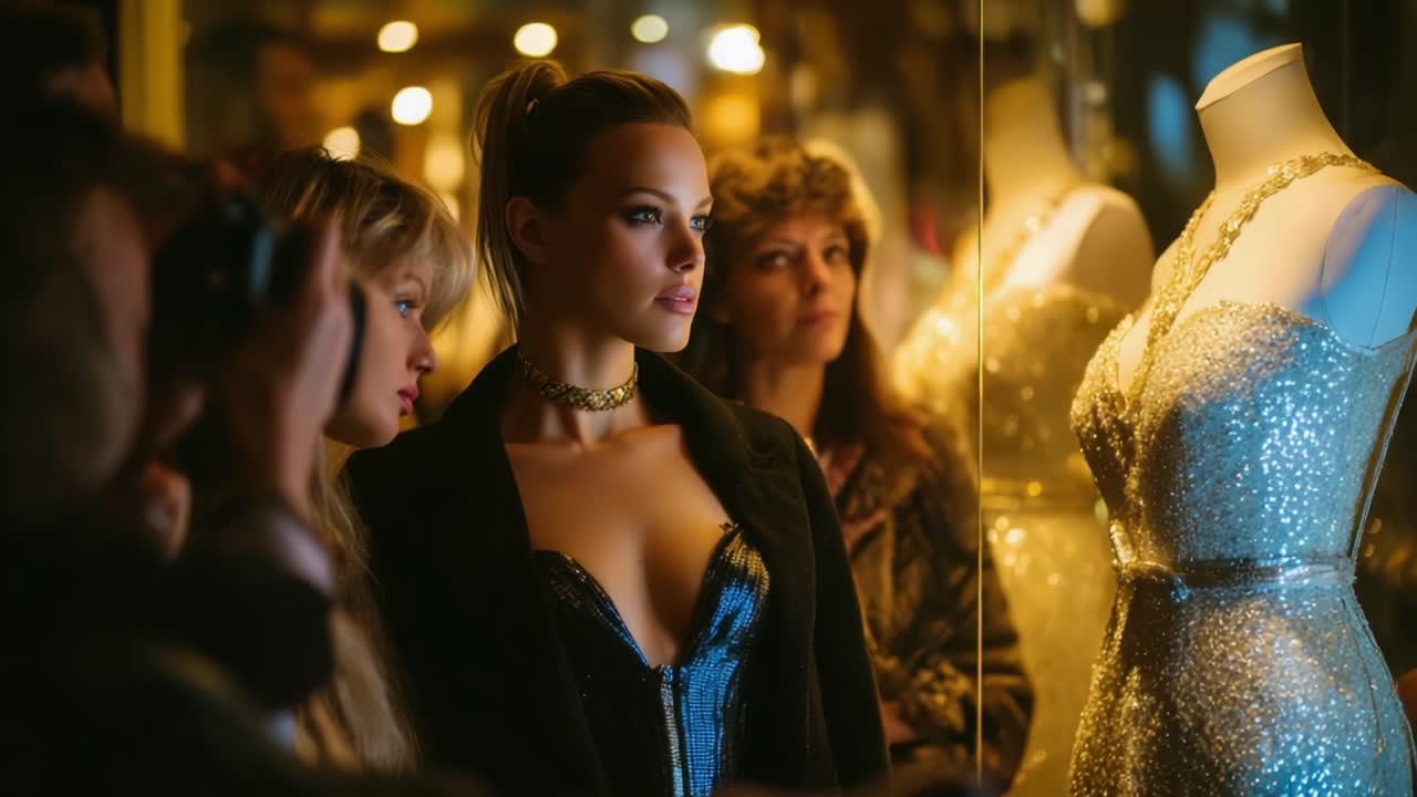 A Captivating Glimpse into Fashion: Exploring the Elegance and Glamour of Evening Wear in a Boutique Window Display, with Model and Friends Admiring Stunning Sequined Dresses