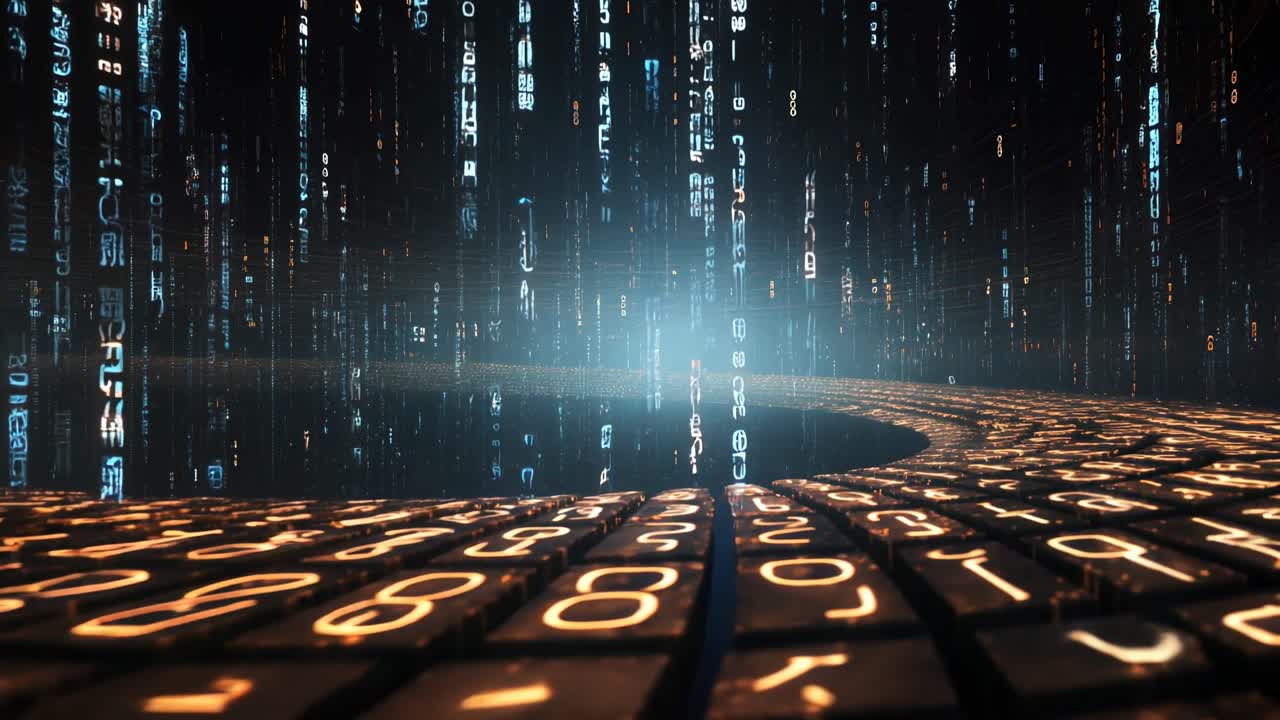 Futuristic video concept with a low-angle view of glowing digital numbers in a tunnel