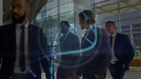 animation of dna strand and network of connections over business people in office