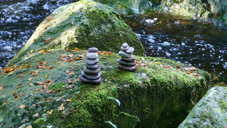 Pietre magiche lungo il fiume con colori bellissimi, passeggiata mattutina di inizio primavera