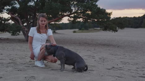 Mujer-Atractiva-Acariciando-A-Su-Perro-American-Staffordshire-Terrier-En-Dunas-De-Arena