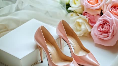 elegant pink high heels with roses and gift box