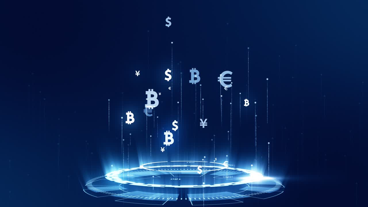 파란 돈 아이콘의 모션 그래픽과 미래의 원 회전 기술의 연결 추상적인 배경