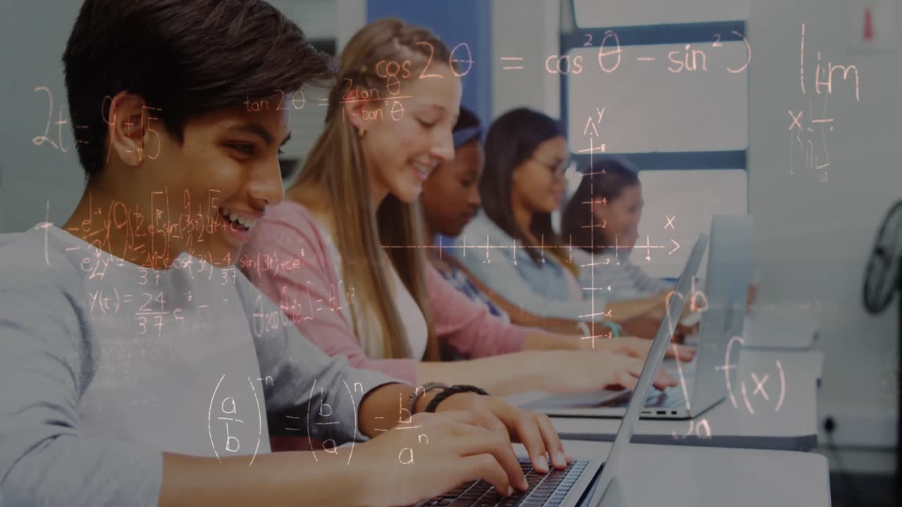 Animation of math formulas moving over happy diverse pupils working on laptops