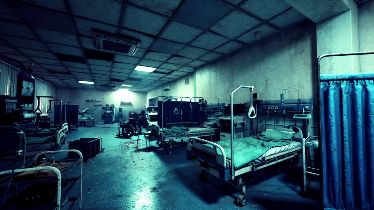 Interior de hospital abandonado y destruido con camas oxidadas y escombros