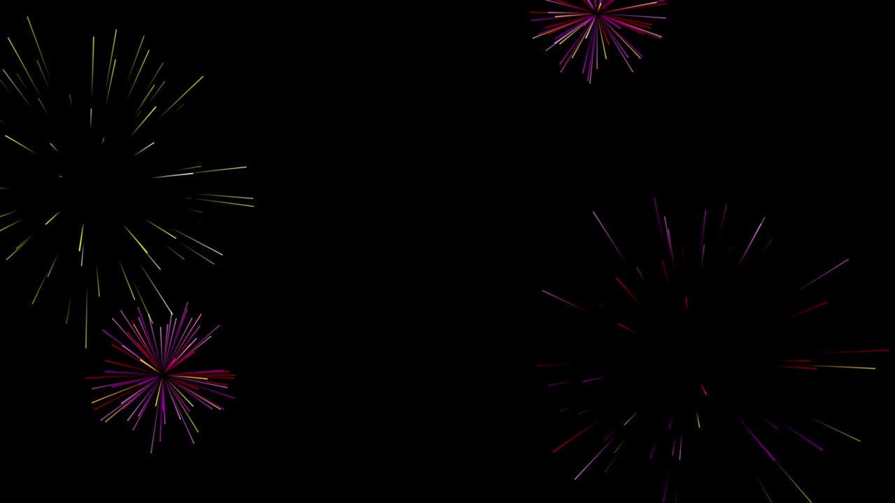 4K Multi color fireworks on red background. Flat style design. Concept for holiday