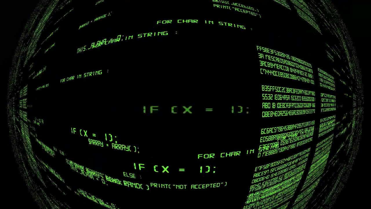 Animation data globe flashing streams of data, hex and code