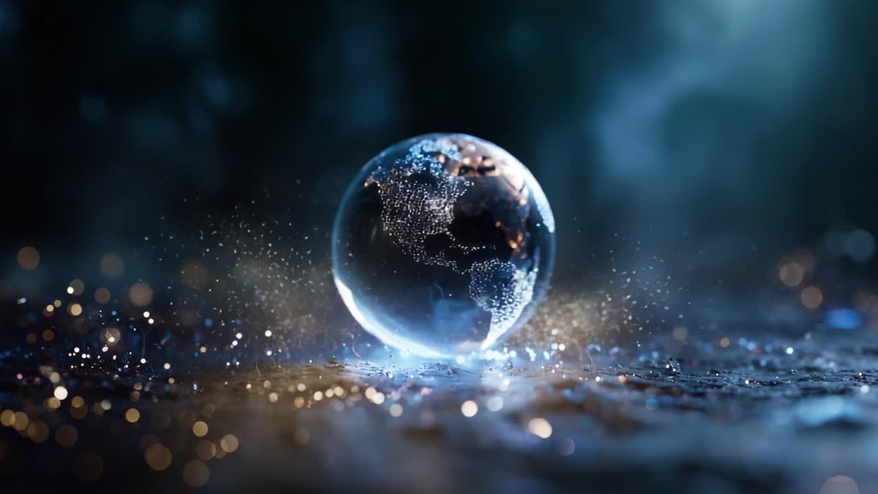 Eine leuchtende, transparente Erdkugel, umgeben von funkelnden Lichtern und glitzernden Partikeln, die die Schönheit unseres Planeten in einer mystischen Umgebung einfängt
