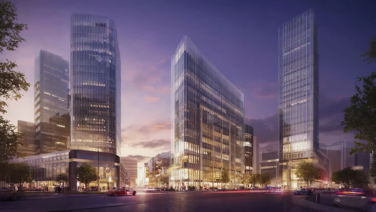 Cityscape at night with illuminated skyscrapers