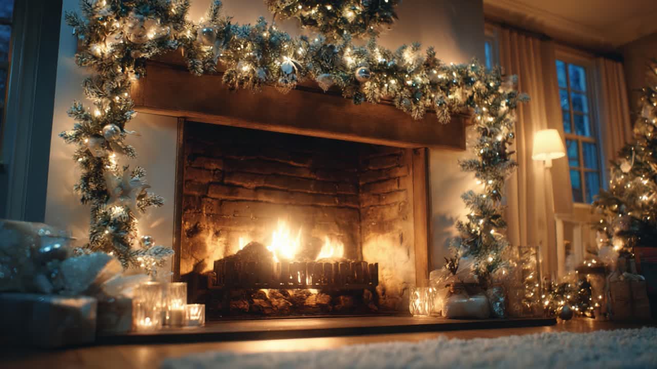 A Cozy Winter Evening by the Fireplace: Warm Glow and Festive Decor Create an Inviting Atmosphere for the Holidays with Twinkling Lights and Exquisite Garlands