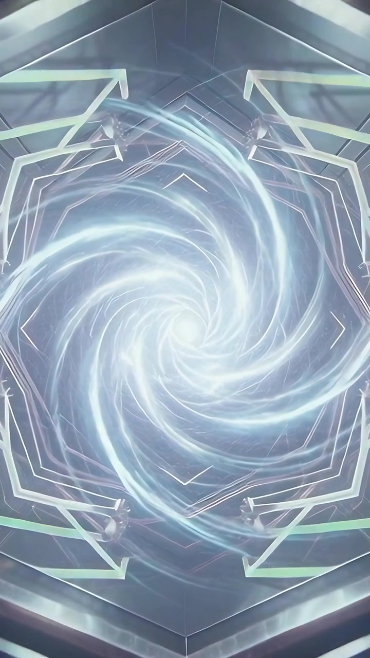 Video vertikal: Cahaya berdenyut memicu pusaran spiral yang meluas, berputar di ruang heksagonal