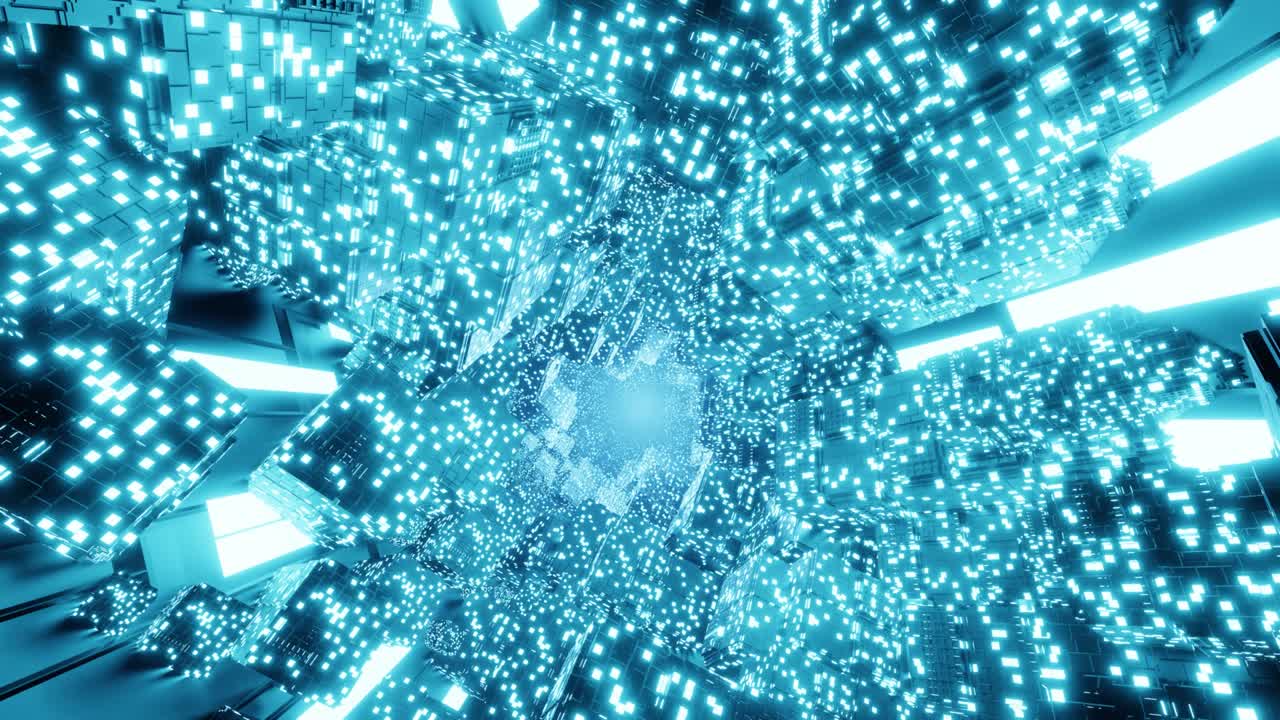 미래의 매트릭스를 가진 3d 빅 데이터 디지털 터널 사각형 - 디지털 기술 터널로 날아가는 모션 그래픽 - 시간과 공간을 통해 벌레 구 - 기술 및 연결 모션 배경