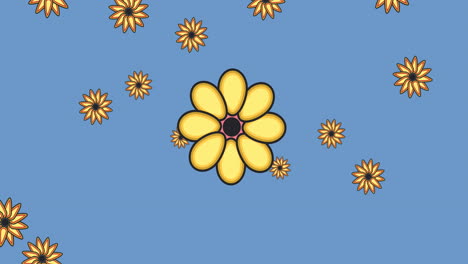animación de múltiples flores amarillas que se mueven sobre un fondo azul