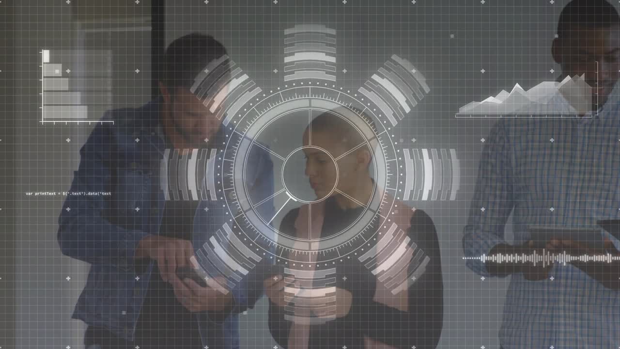 Technology professionals tapping and swiping devices under holographic interface during data review